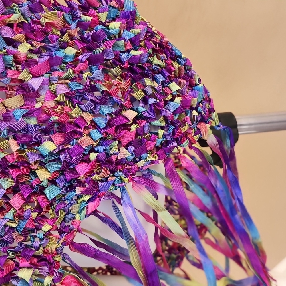 VINTAGE HANDMADE Ribbon Weave Woven Shawl Cocoon Poncho Top Ombre Purple Y2K - Picture 6 of 16